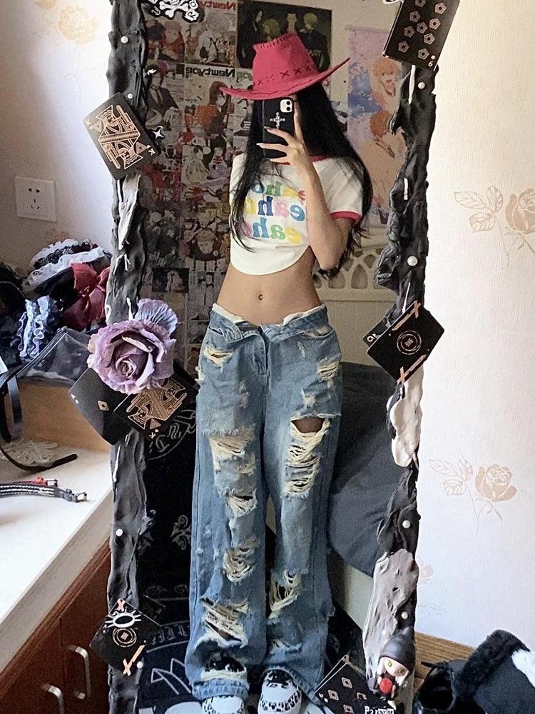 Women's  Plus Size American High Street Wide Leg Ripped Denim Pants
