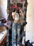 Women's  Plus Size American High Street Wide Leg Ripped Denim Pants