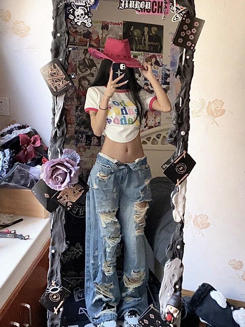 Women's  Plus Size American High Street Wide Leg Ripped Denim Pants
