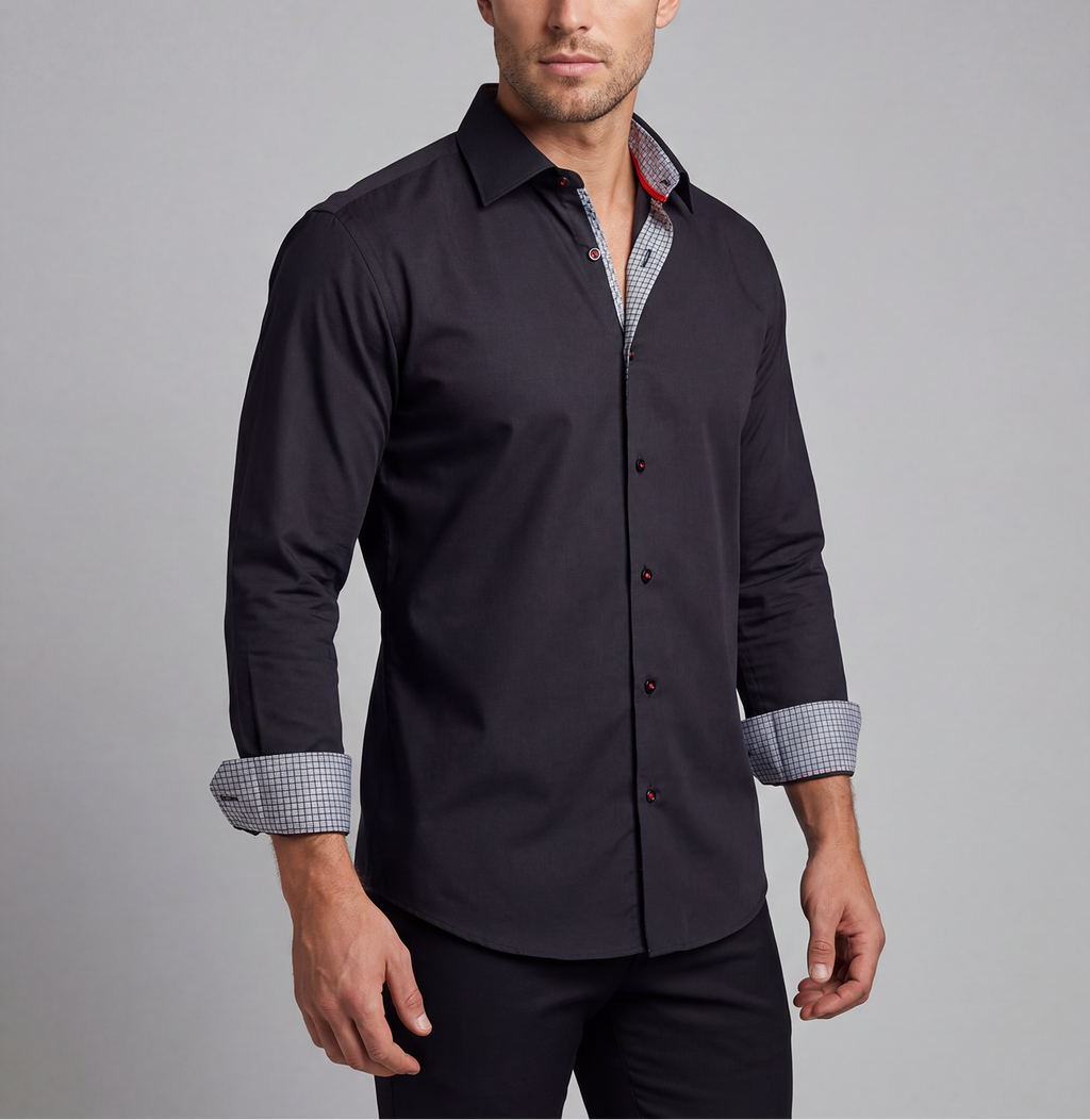 Donny// Fitted Cotton Knit-Stretch Button-Up Shirt w/Contrast Details - Black