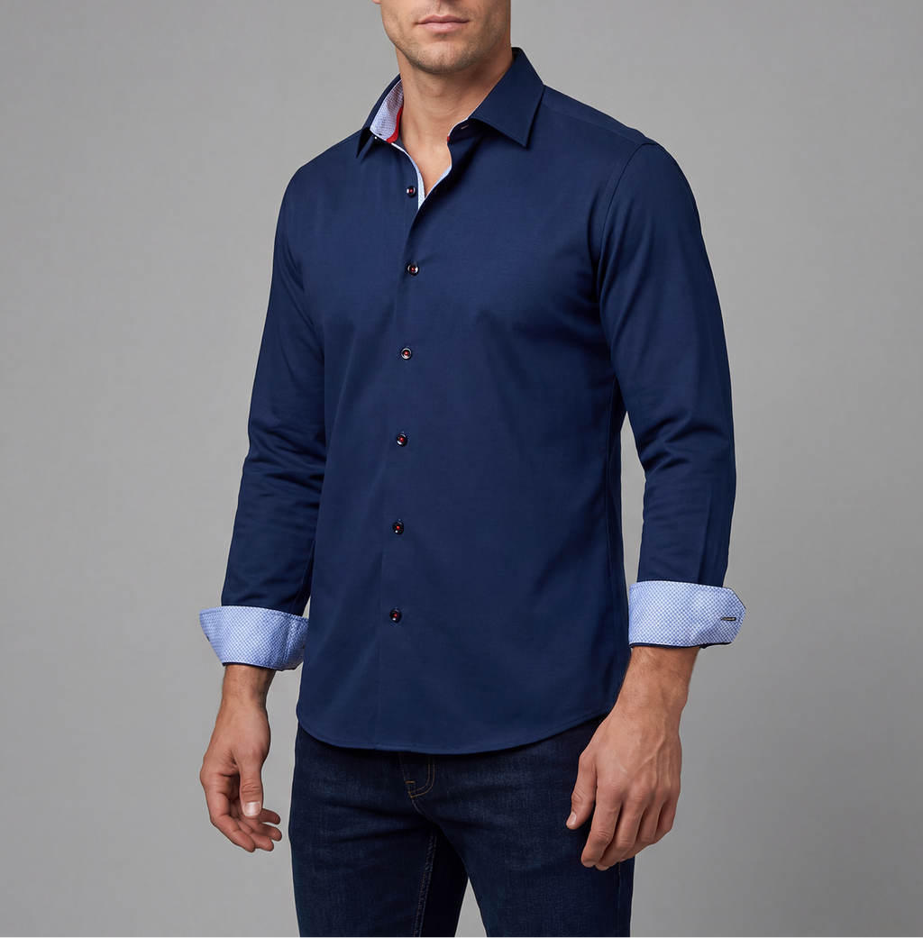 Paul// Fitted Cotton Knit-Stretch Button-Up Shirt  // Navy //