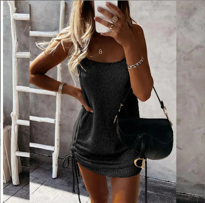 Solid Color Women's Tank Top Dress with Drawstring Hem