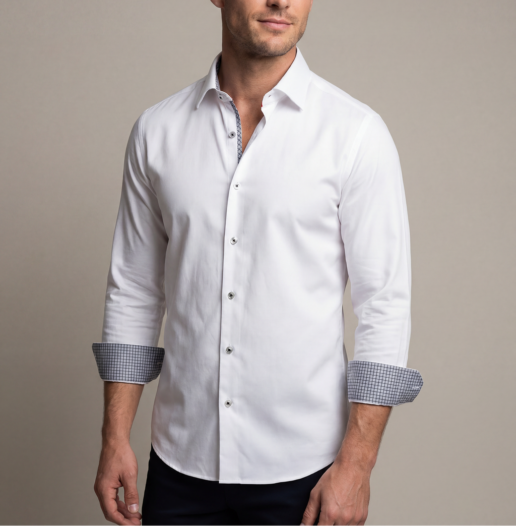 Jason// Fitted Cotton Knit-Stretch Button-Up Shirt w/Contrast Details - White
