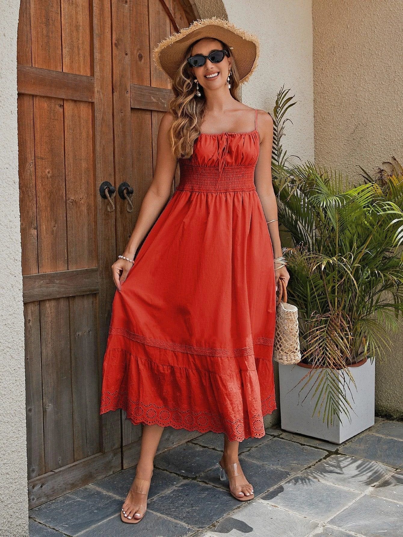 Women's Cotton Maxi Dress - Breathable Summer Dress With Embroidered Hem