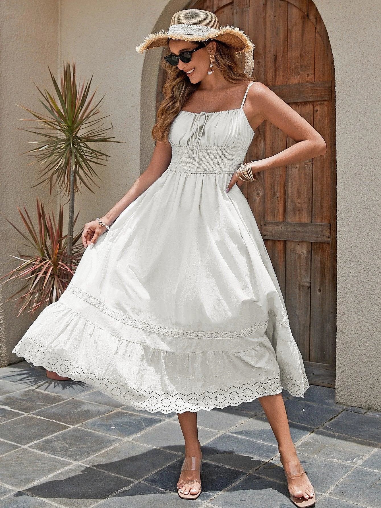 Women's Cotton Summer Breathable Maxi Dress - With Embroidered Hem