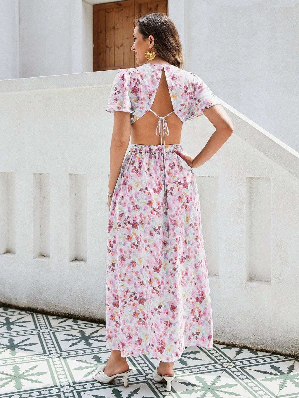 Floral Elegance Maxi Dress - Ruffle Sleeves, Cutout Waist & High Slit