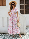 Floral Elegance Maxi Dress - Ruffle Sleeves, Cutout Waist & High Slit