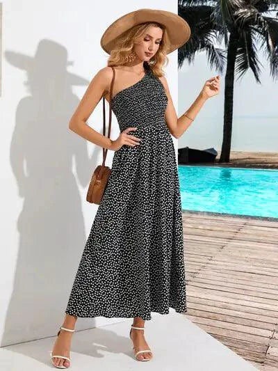 Zoe Chic Asymmetrical Polka Dot Midi Dress