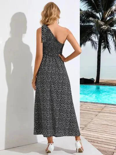 Zoe Chic Asymmetrical Polka Dot Midi Dress