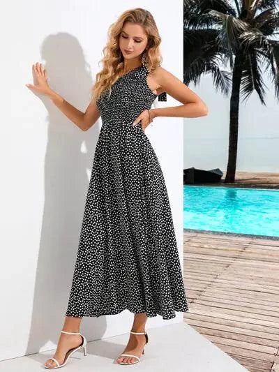 Zoe Chic Asymmetrical Polka Dot Midi Dress