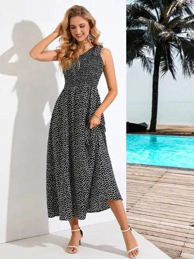 Zoe Chic Asymmetrical Polka Dot Midi Dress