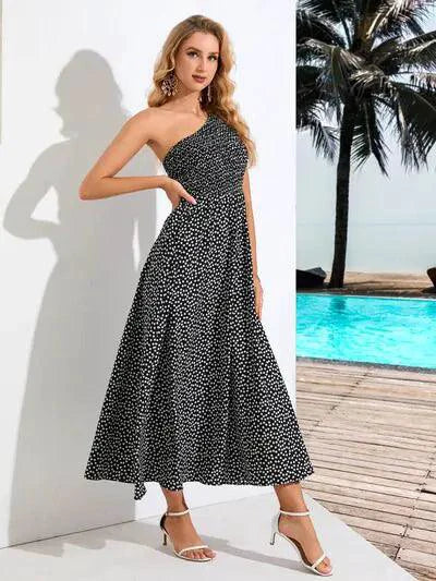 Zoe Chic Asymmetrical Polka Dot Midi Dress