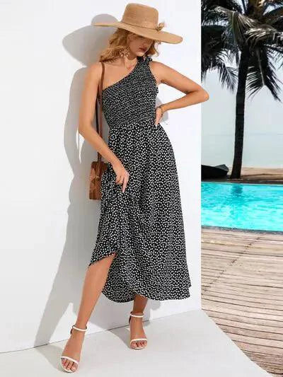 Zoe Chic Asymmetrical Polka Dot Midi Dress