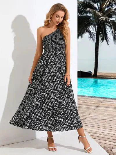 Zoe Chic Asymmetrical Polka Dot Midi Dress