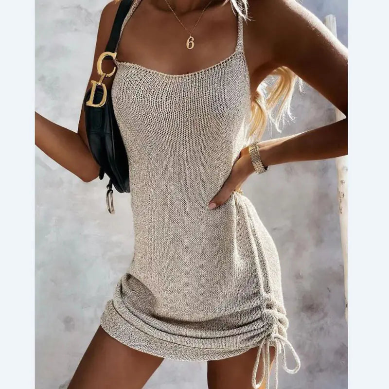 Solid Color Women's Tank Top Dress with Drawstring Hem